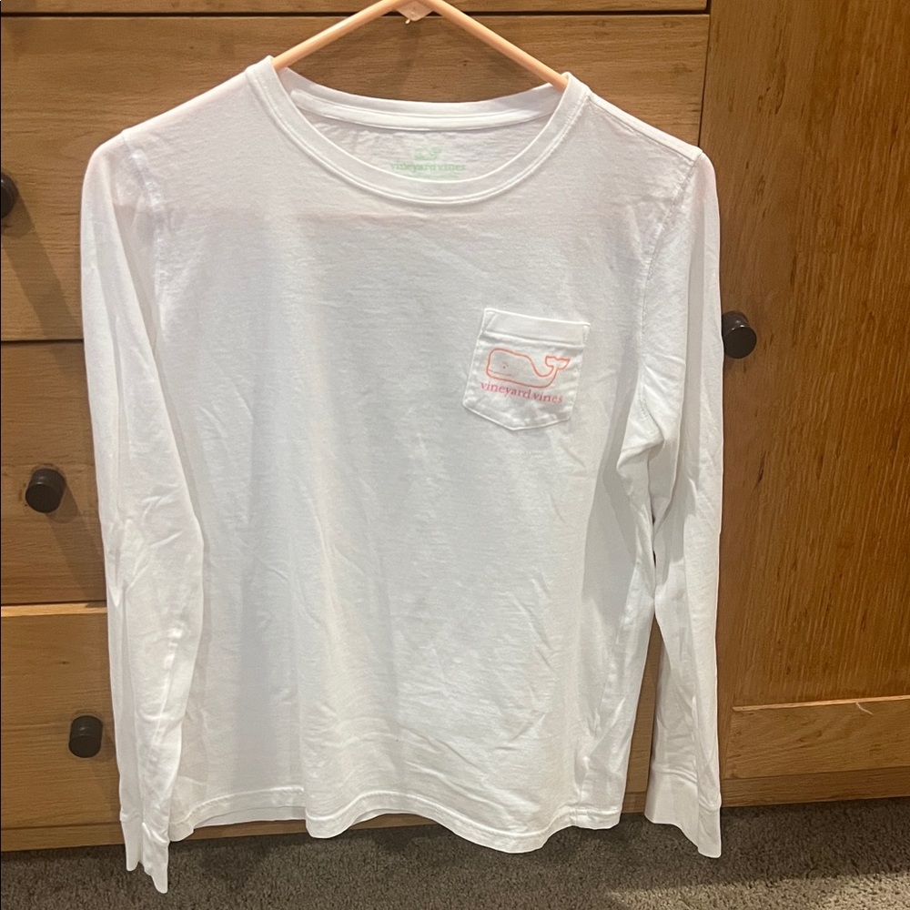 Vineyard Vines White Long Sleeve Pocket Tee with Pink Whale Pocket Logo
